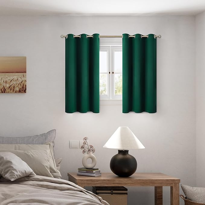 BGment Short 100% Blackout Curtains for Bedroom, Thermal Insulated Energy Efficiency Noise Reducing Grommet Curtains 45 Inch Length with Liner for Small Window 2 Panels Each 42 Inch Wide, Emerald