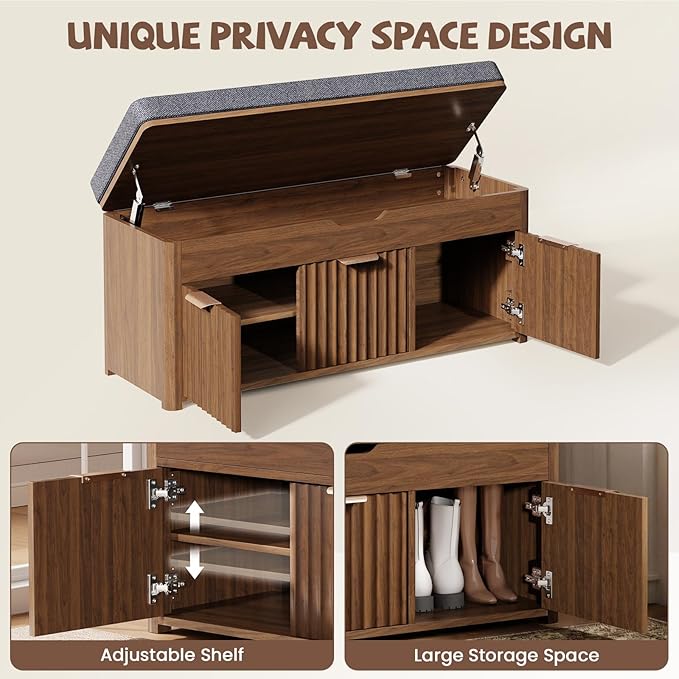Shoe Bench with Storage - Lift Top Entryway Bench with Hidden Storage, Shoe Rack with Adjustable Shelves and Cushioned Seat, Wooden End of Bed Bench for Bedroom, Living Room and Hallway,Walnut
