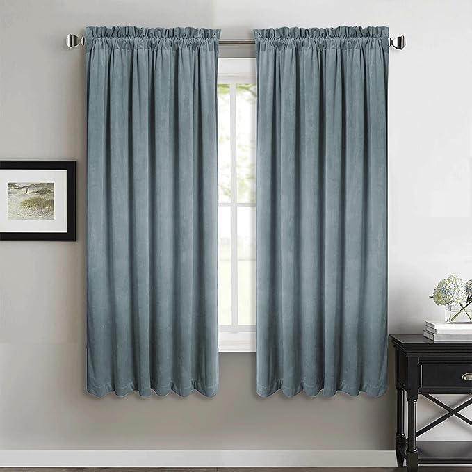 StangH Stone Blue Velvet Curtains - Thermal Insulated Blue Home Decoration Kids Room Privacy Protect Noise Reducing Window Curtain Panels for Bathroom/Bay Window, W52 x L63, 2 Panels