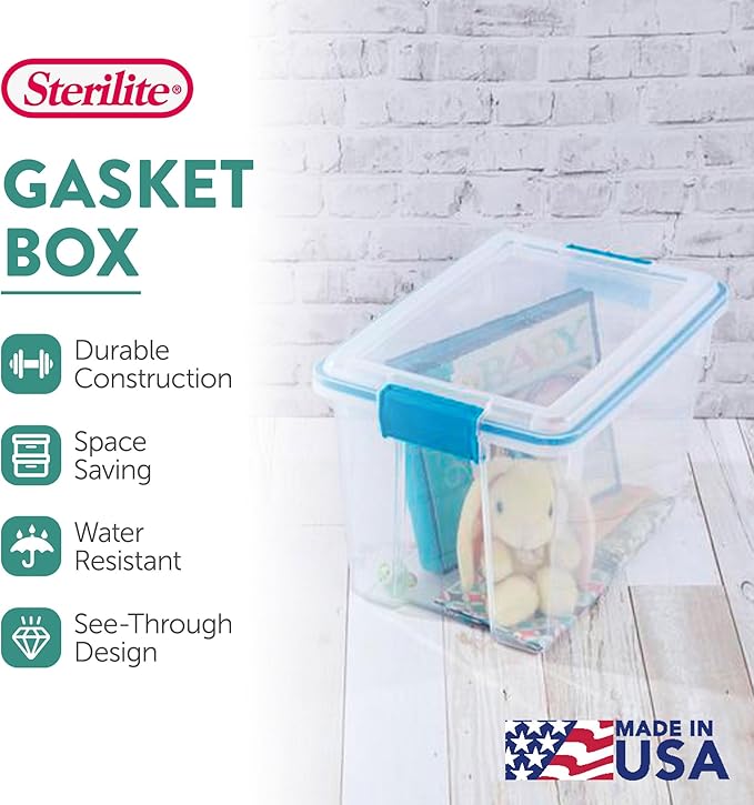 Sterilite 24-Pack Gasket Box, Weather-Resistant Storage Bins with Latching Lids, 20 Quart - Heavy-Duty Organizing Containers for Closet, Bathroom, and Office