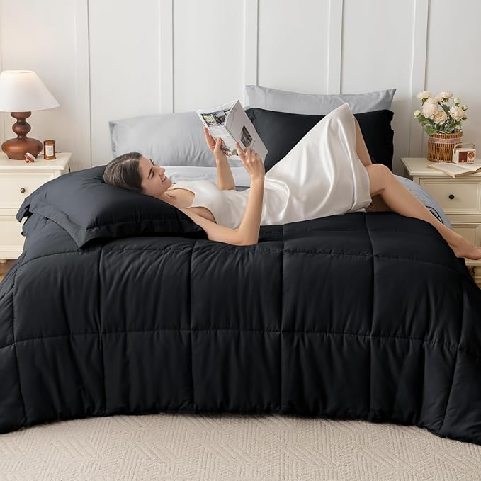 JOLLYVOGUE Twin Comforter Set, Ultra-Soft Bed in a Bag Twin Size 5 Pieces, Oeko-TEX Certified Bedding Set with Down Alternative Comforter, Sheets, Pillowcases & Shams, Black & Light Grey