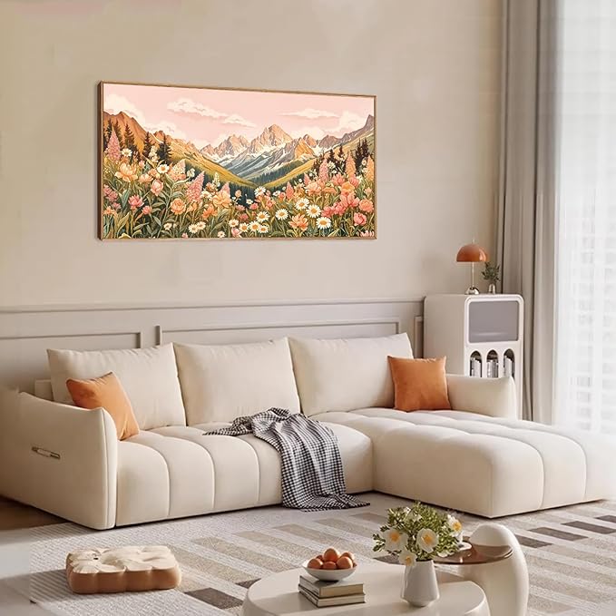 LHIUEM Large Abstract Colorful Mountain Framed Canvas Wall Art,Boho Pink Flower Wall Decor, Nature Wildflower Wall Painting,Bohemian Artwork for Living Room,Bedroom,Dining Room,Office -20"x40"x1