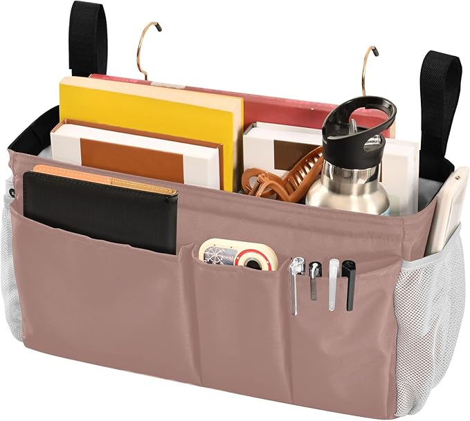KOPIRIT Light Brown Bedside Caddy Storage Bag Bedside Organizer for Dorm Room Top Bunk Bed Hanging Storage Organizer 6 Pockets with Hooks for Magazine Water Bottle Holder