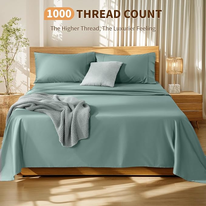 LBRO2M 100% Cotton Sheets Set Deep Pocket 19", 1000 Thread Count King Size 4 Piece Bed Sheet Sets Soft Comfortable Bedding All Season (King, Sage Green)
