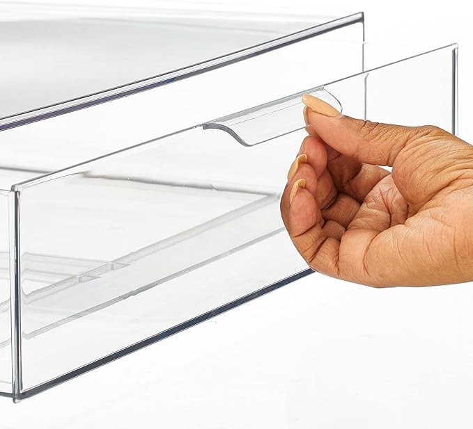 mDesign Wide Plastic Stackable Bathroom Storage Organizer Bin with Pull Out Drawer for Cabinet, Vanity, Shelf, Cupboard, Cabinet, Countertop, Closet Organization - Lumiere Collection - 2 Pack - Clear