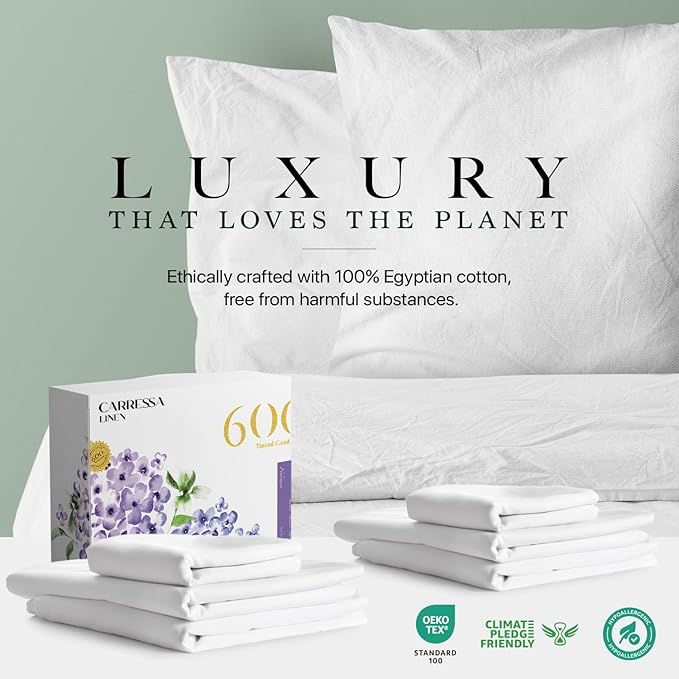 Carressa Linen 100% Egyptian Cotton Full Size Sheets - 600 Thread Count Full Size Egyptian Cotton Sheets (4 PC, Crisp White), Soft, Cooling, 16" Deep Pocket Sateen Weave Luxury Hotel Bed Sheet Set