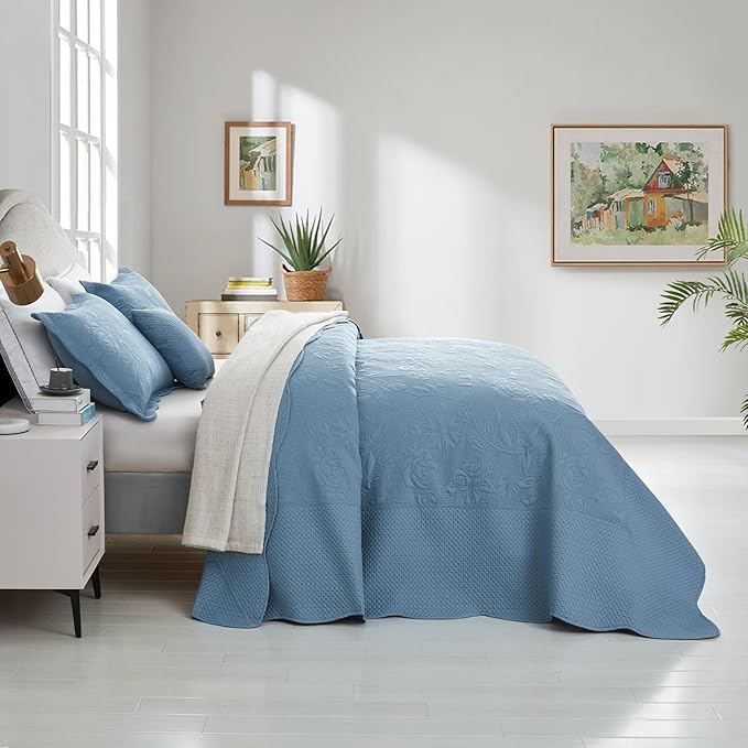 CHIXIN Bedspread Coverlet Quilt Set Full Size - Lightweight Bedding Cover - Ultrasonic Quilting - 5 Piece Reversible Bedspread - Vintage Rose Pattern (Full, Ashley Blue)