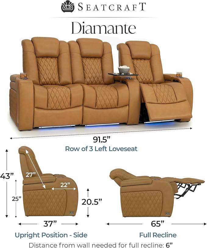 Seatcraft Diamante Zero-Gravity CoolZero Italian Leather Home Theater Seating, Power Headrest, Power Recline, Row of 3 Left Loveseat, Tan Oak