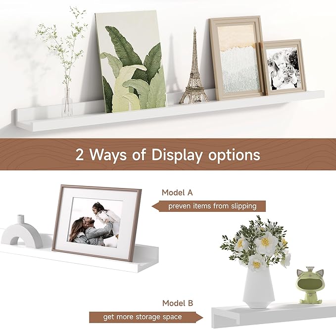Fun Memories Picture Ledge Shelf for Wall, Floating Shelves Set of 4, 36 Inch Long Nursery Book Shelves for Toys Storage, Kids Bookshelf Wall Mounted for Books Photo Frames, White