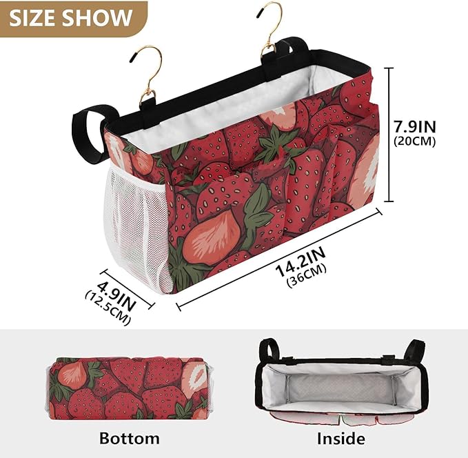 Bedside Caddy Hanging Bunk Bed Caddy Bed Organizer Hanging Pocket with 2 Hooks Bedside Storage Organizer Pocket Bag Holder Cartoon Red Strawberry