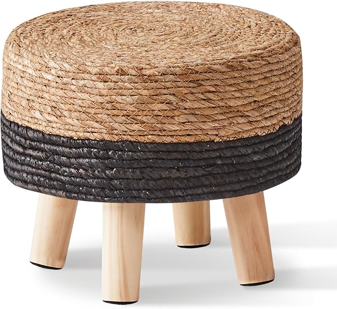 Wimarsbon Round Foot Stool Natural Seagrass Poufs Ottoman Hand Weave Footrest Stool for Couch Desk Extra Seat Step Stool with Solid Wood Legs for Hallway Patio Lounge Black