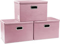 PRANDOM Large Stackable Storage Bins with Lids [3-Pack] Leather Fabric Foldable Storage Boxes Organizer Containers Baskets Cube with Cover for Bedroom Closet Office Nursery Pink (17.7x11.8x11.8)