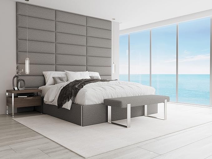 VANT Upholstered Bed Bench - Boucle Grey - Matte Black - Contemporary Modern, Bedroom Bench Seat, Hallway, or Entryway
