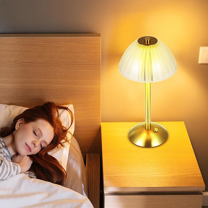 Liliful 1 Pcs Cordless Table Lamp Rechargeable Touch LED Small Gold Portable Battery Operated USB-c Desk Lamp 3 Color Dimmable for Bedroom Living Room Dining (Gold,Mushroom Style)