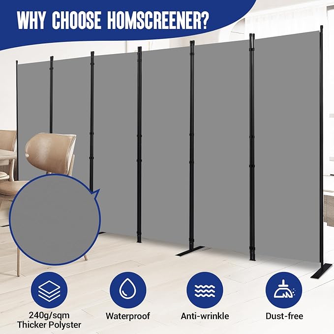 Room Divider and Folding Privacy Screens 6 Panel, 11 Ft Wide Room Partitions Dividers, Portable Room Divider Screen for Room Separtition, Folding Wall Dividers for Home, Office, Bedroom, Studio Grey