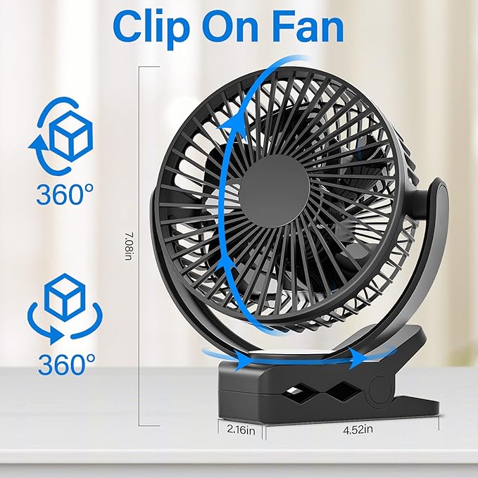 Svinkal Portable Magnetic USB Clip on Fan - 6 Inch 5000mAh Rechargeable, 3 Speed, 720° Adjustable, Personal Desk Fan for Bedroom, Camping, Golf Cart, Office