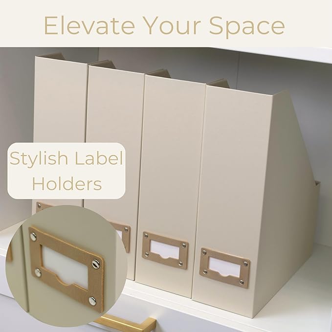 BLU MONACO | Cardboard Magazine File Holder Set of 6 | Vertical Magazine File Holder with Label Slots | Beige Linen Foldable File Organizers for Desk Shelf Office