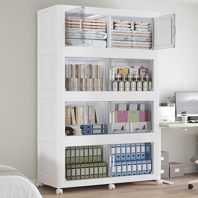160GAL Storage Bins with Lid and Wheels, Stackable Closet Organizers and Storage Drawer, Collapsible Storage Box with Dividers, Foldable Plastic Cabinets for Room, Kitchen, 4 Pack White