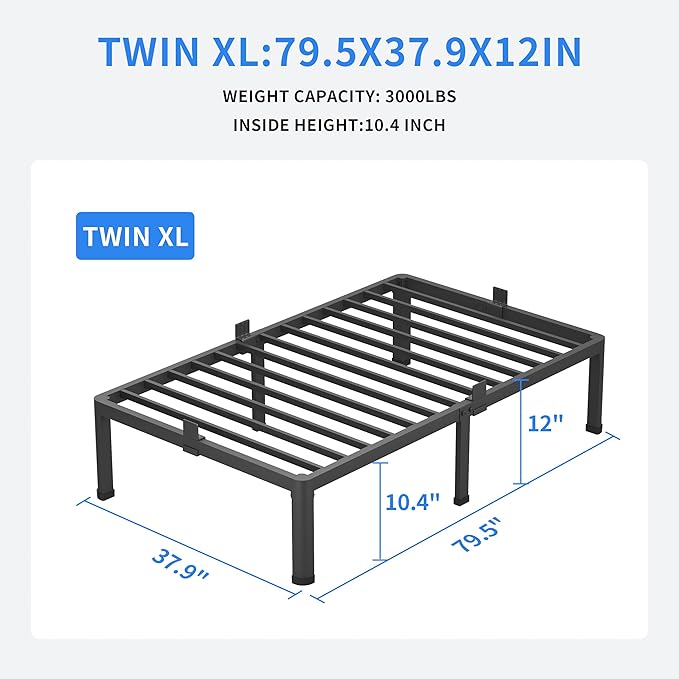 MAF 12 Inch Twin XL Metal Platform Bed Frames with Round Corner Legs, Mattress Slide Stopper, 3000 LBS Heavy Duty Steel Slats Support, No Box Spring Needed, Noise Free