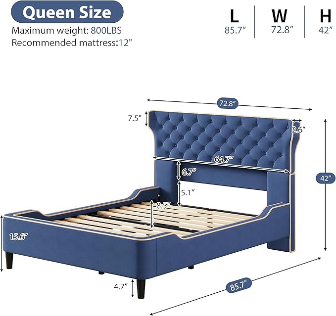 Christopher Knight Home Salus Linen Upholstered Queen Size Bed Frame with Headboard, Modern Queen Bed Frame and Headboard, Wooden Slats Support, Easy Assembly, No Box Spring Needed, Blue