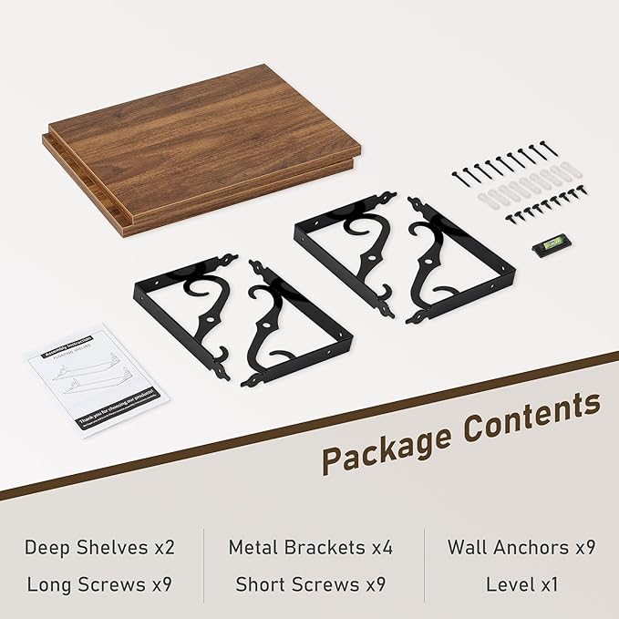 Dreamland Deep Floating Shelves, 16" W x 12" D Wall Shelves Set of 2, Wide Display Shelf Wall Mounted with Brackets, Bookshelf for Living Room, Bathroom, Bedroom, Walnut