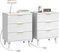 Fluted White Night Stand Set of 2 with USB Charging Station, 3-Drawer Dresser Wood Modern Bedside Table with Quiet Drawers & Large Storage End Table for Bedroom