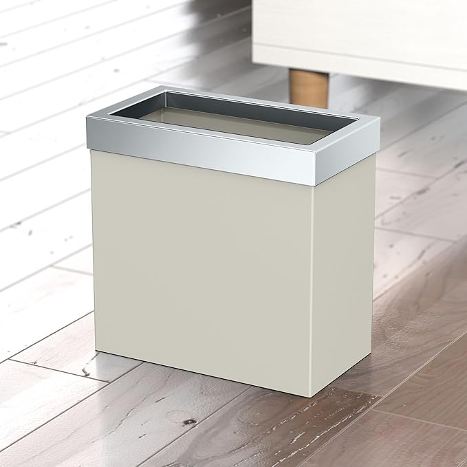 Gatco Modern Rectangle Wastebasket, Matte Pearl and Chrome Combo - Stainless Steel Trash Can with Removable Lid, Leakproof, 3 Gallon Capacity for Bathroom, Bedroom, Kitchen, or Office