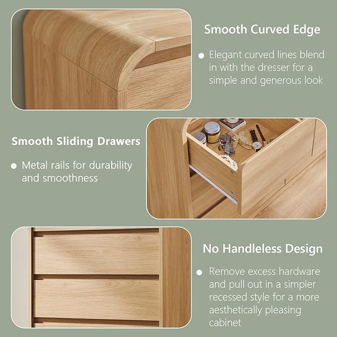 Modern 8 Drawers Dresser for Bedroom, 55" Wide Dressers & Chest of Drawers w/Curved Profile Design, Wood Mid Century Storage Dressers Organizer for Bedroom, Living Room, Natural Oak