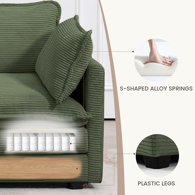 ROWHY Sectional 2 Seat Cloud Loveseat with 2 Throw Pillows, Modern Corduroy Love Seat Sleeper Bed, Convertible Cozy Sofa for Living Room and Office, Green