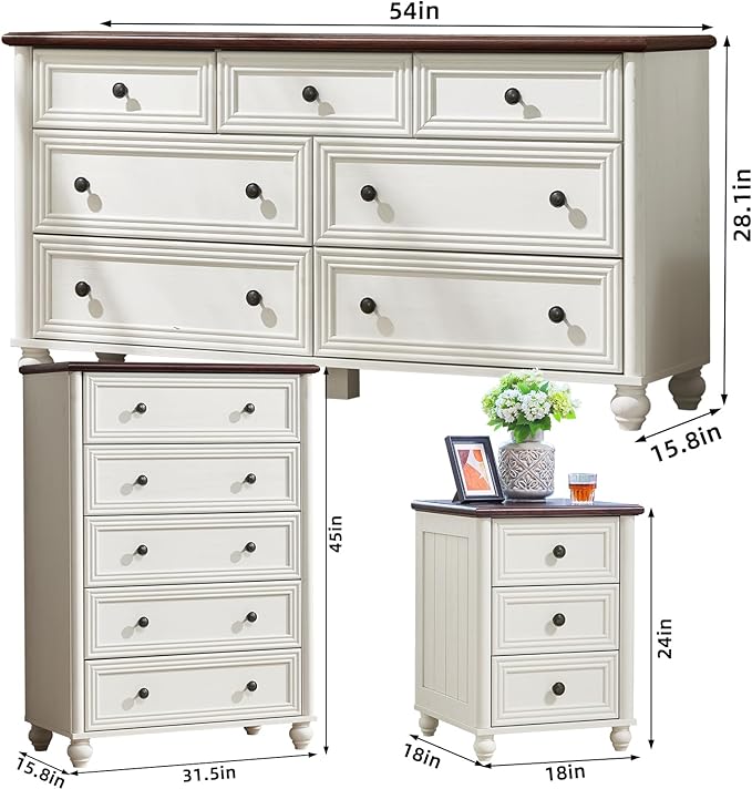 Farmhouse Dressers & Night Stand Set of 4, Wood 54" Wide 7 Drawer Dresser & 45" Tall Chest of Drawers, 18" Roman Column Nightstand Set of 2, Bedroom Furniture Dresser Sets for Home Living Room Hallway