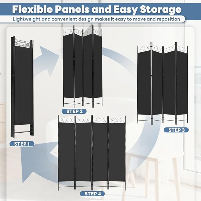 DUMOS 4 Panel Partition Room Divider, 6 Ft Tall Folding Privacy Screen, Freestanding Partition with Steel Frame, Easy Move & Storage, for Home, Office, Bedroom, Black