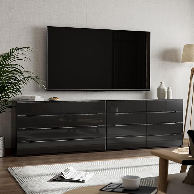 10 Drawer Black Dresser for Bedroom, 55" Long Dresser Chest of Drawers,Large High Gloss Modern Storage Cabinet with Big Drawers Handle Free,Living Room, Entryway, Hallway