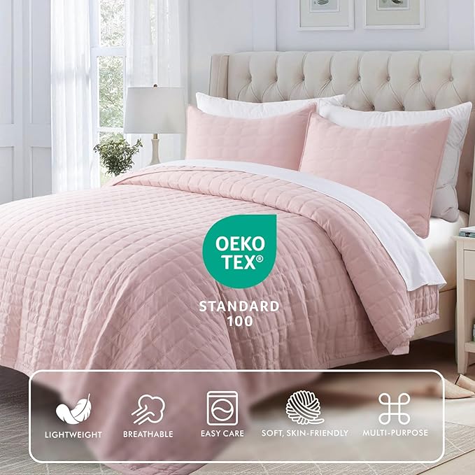 KASENTEX Oversized Queen Quilt Set 102"x106" – Soft Washed 3-Layer Lightweight Bedspread, Minimalist Nordic Design, All-Season Spring & Summer Quilt Set (1 Quilt + 2 Pillow Shams), Blush Pink