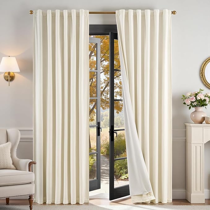 Lazzzy Blackout Velvet Curtains for Living Room Bedroom 90 Inch Long Insulated Lined Drapes Rod Pocket Modern Window Treatments 2 Panels Set Vanilla