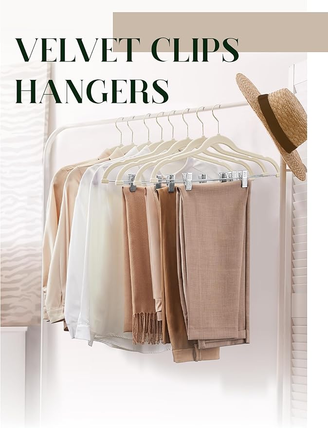 Cozymood Velvet Skirt Hangers - Pack of 24 - Velvet Hangers with Clips Ultra Thin Non Slip Velvet Pants Hangers Space Saving Clothes Hanger for Trouser, Skirts, Jeans, Dress (Beige)