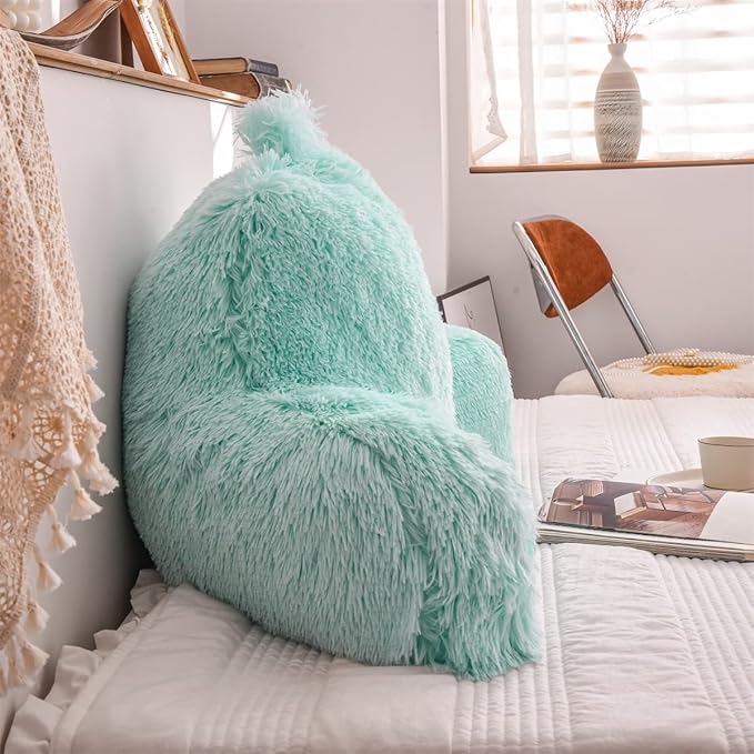 Holawakaka Standard Faux Fur Bed Rest Pillow with Arms,Shaggy Backrest Reading Pillows Perfect for Kids, Teens, Petites, Boys Girls Lumbar & Head Neck Coccyx Lower Back Support Cushion (Aqua)