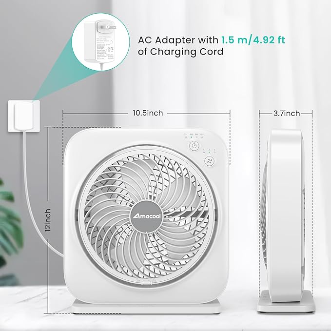 AMACOOL Table Fan, 12 inch Box Fan with 3 Adjustable Speeds & 8HRS Timer, 270° Pivoting Quiet Air Circulator, Desktop Fan for Bedroom Bathroom Kitchen Office, AC Adapter Included-White
