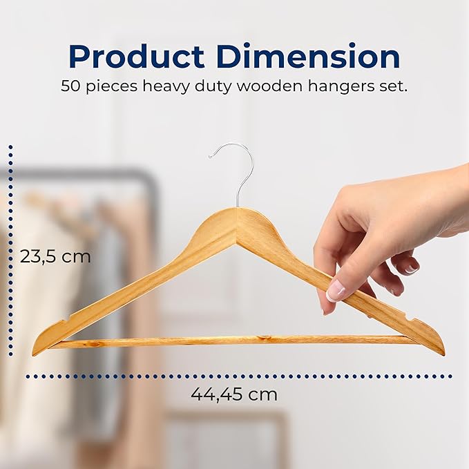 SereneLife Solid Wooden Hangers, Mega Pack, 50 Pieces Hangers for Clothes, Heavy Duty Suit Hanger Set with Chrome 360 Degree Swivel Hook, Notched Design, Natural Wood Color
