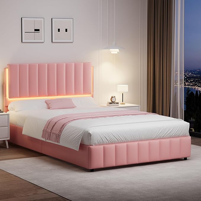 Full Size Bed Frame with LED Lights, Faux Leather Upholstered Platform Bed with Headboard and Wooden Slats Support, No Box Spring Needed, Noise-Free, Easy Assembly, Pink