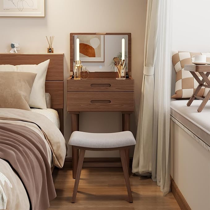 Solid Wood Small Vanity Desk with Mirror and Lights, Narrow Makeup Vanity for Small Space, Flip Top Vanity Side Table, 3 Color Modes & Adjustable Brightness, 19.6" Slim Dressing Table, Walnut