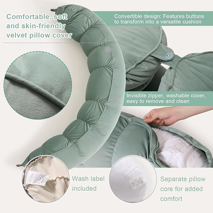 Peallow(Pat. Pend) – Long Round Body Pillow for Adults, Bolster Pillow for Sleeping, Soft and Supportive Pillow for Sleeping & Lumbar Support(Willow Green,59")