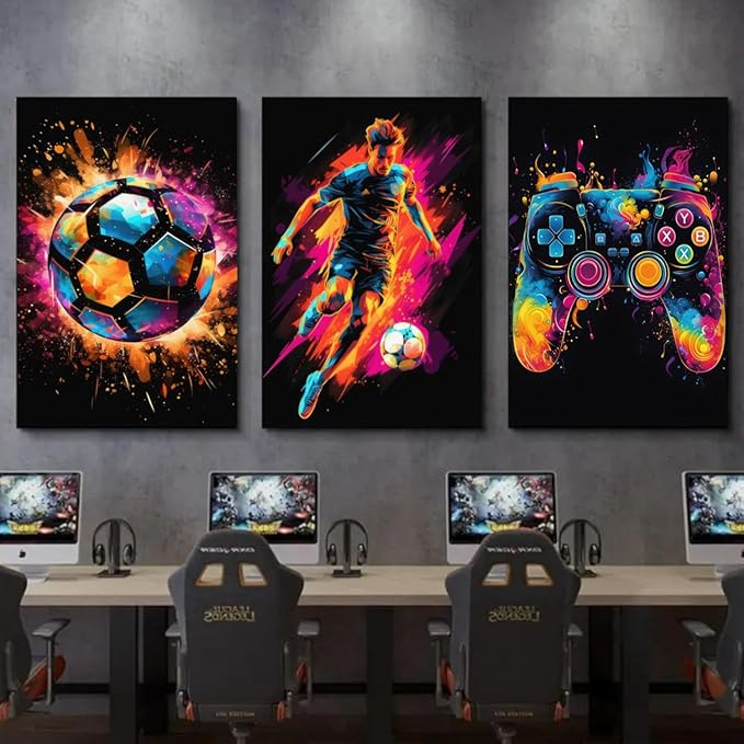 BGFCE Gaming Canvas Wall Art Decor, Paintings Art Game Controller Color Splash Ink Prints Painting, Posters for Room Aesthetic, Soccer Canvas Wall Art for Boys Room Decor 16x24 - Set of 3 Framed