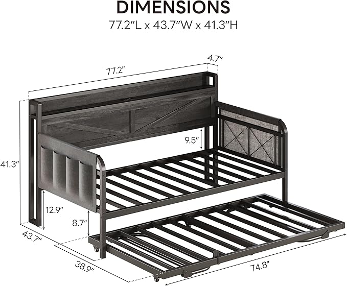 LIKIMIO Twin Daybed with Trundle Bed, Storage Headboard with Charging Station, Sofa Day Bed with Strong Supports for Living Room, Bedroom, and Guest Room, Charcoal Grey