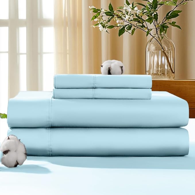 LBRO2M 100% Cotton Sheets Set Deep Pocket 19", 1000 Thread Count California King Size 4 Piece Bed Sheet Sets Soft Comfortable Bedding All Season (California King, Light Blue)