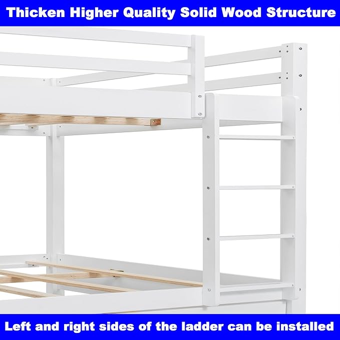 Upgraded Version Thicken Solid Wood Queen Over Queen Bunk Bed, Best Wooden Bunk Bed for Adults, Easy to Assemble (White)