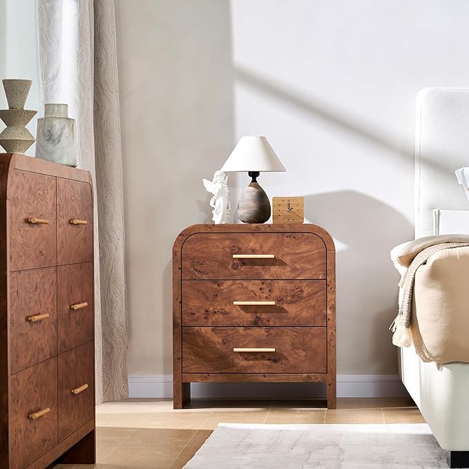 Farmhouse Nightstand Set of 2, 23.5" Curved Modern Night Stand with 3-Drawer, Bedside Table, End Table for Bedroom, Storage Cabinet for Living Room Home Office Entryway, Dark Burl