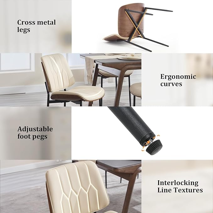 BV Mid Century Modern Dining Chairs Set of 4, Upholstered Pu Leather Armless Accent Chair with Walnut Bentwood Back, Retro Kitchen Chair for Dining Room, Living Room, Kitchen, Beige