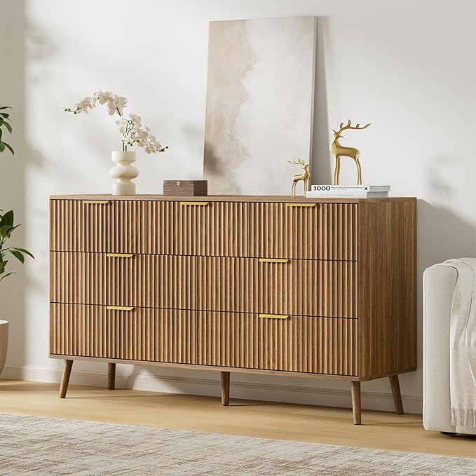 LYNSOM 55" Wide Fluted Dresser for Bedroom with 7 Drawer, Modern Chest of Drawers with Curved Profile Design and Metal Handles, Wood Dresser TV Stand & Storage Organizer for Living Room, Walnut