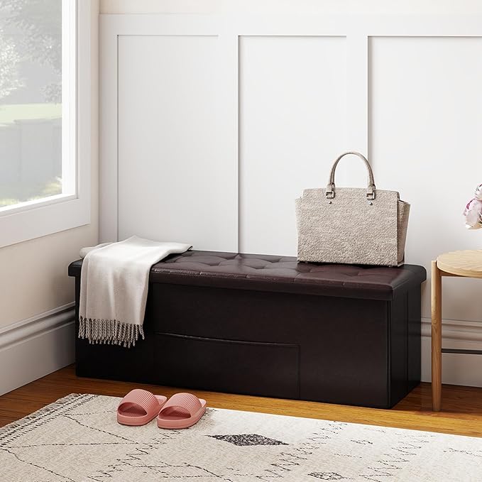 Giantex 43 Inches Folding Storage Ottoman Bench, Upholstered PU Leather Storage Chest with Side Pocket, Padded Seat, End of Bed Bench, Collapsible Ottoman Foot Rest for Living Room, Bedroom & Entryway