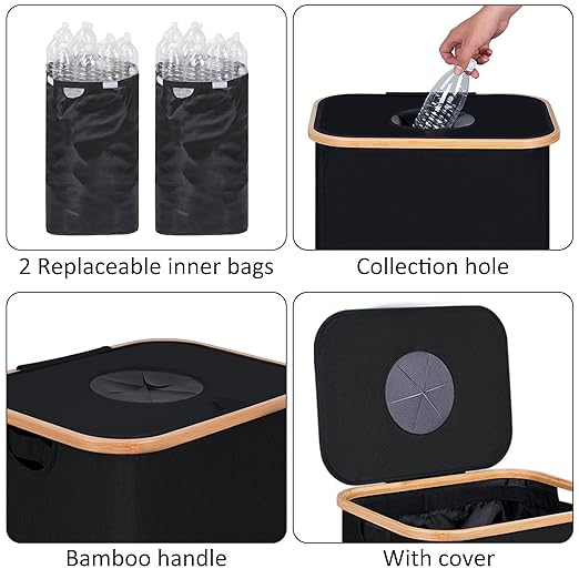 iEGrow 29 Gallons Recycling Bins for Kitchen, Indoor Recycle Bins with Lid, 110L Large Recycle bin with 2 Removeable Reusable Inner Bags, for Bottles Cans Glass Plastice Cartons(Black)